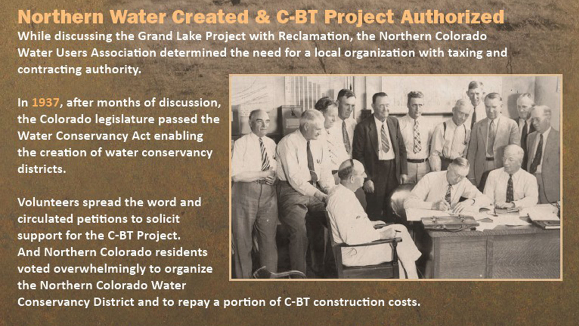 Poster talking about creation of Northern Colorado Water Conservancy District.