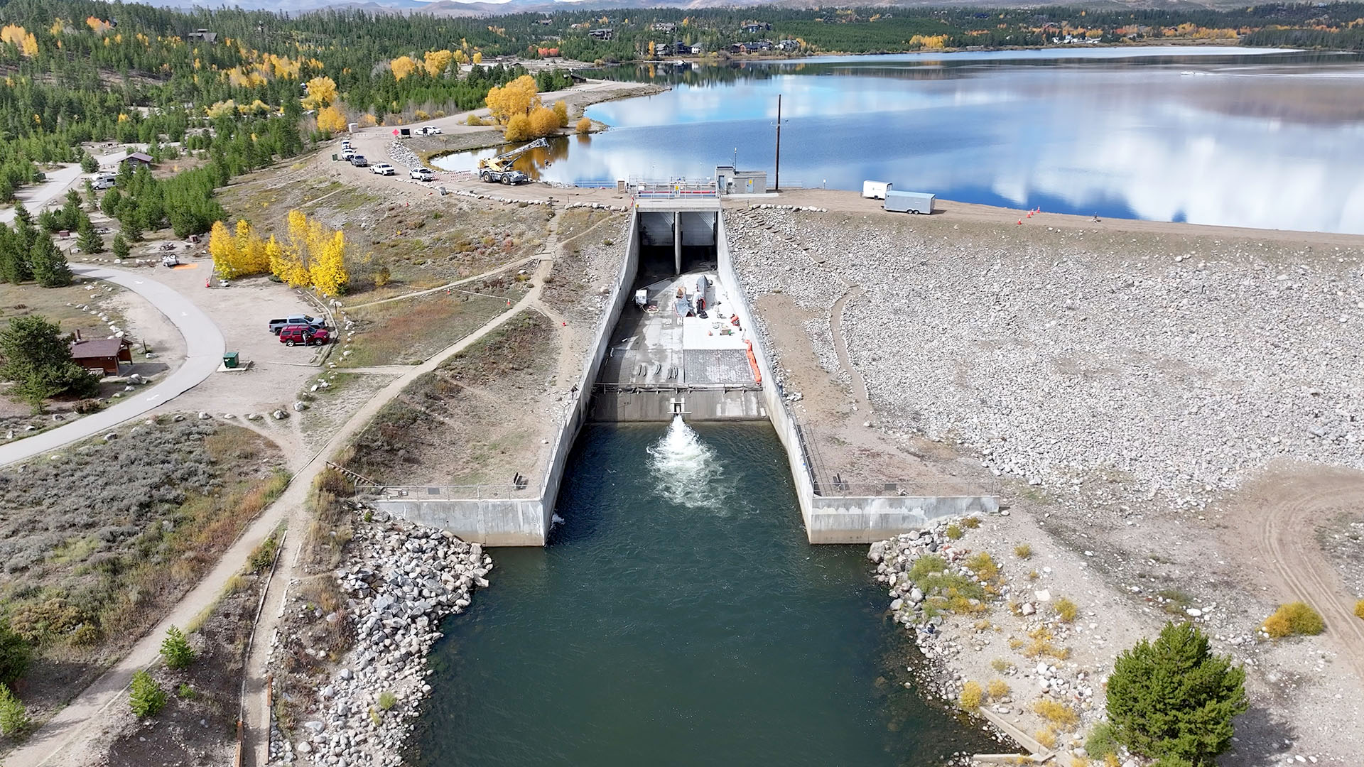 Aerial image showing where the work will be done on the Shadow Mountain Reservoir spillway.