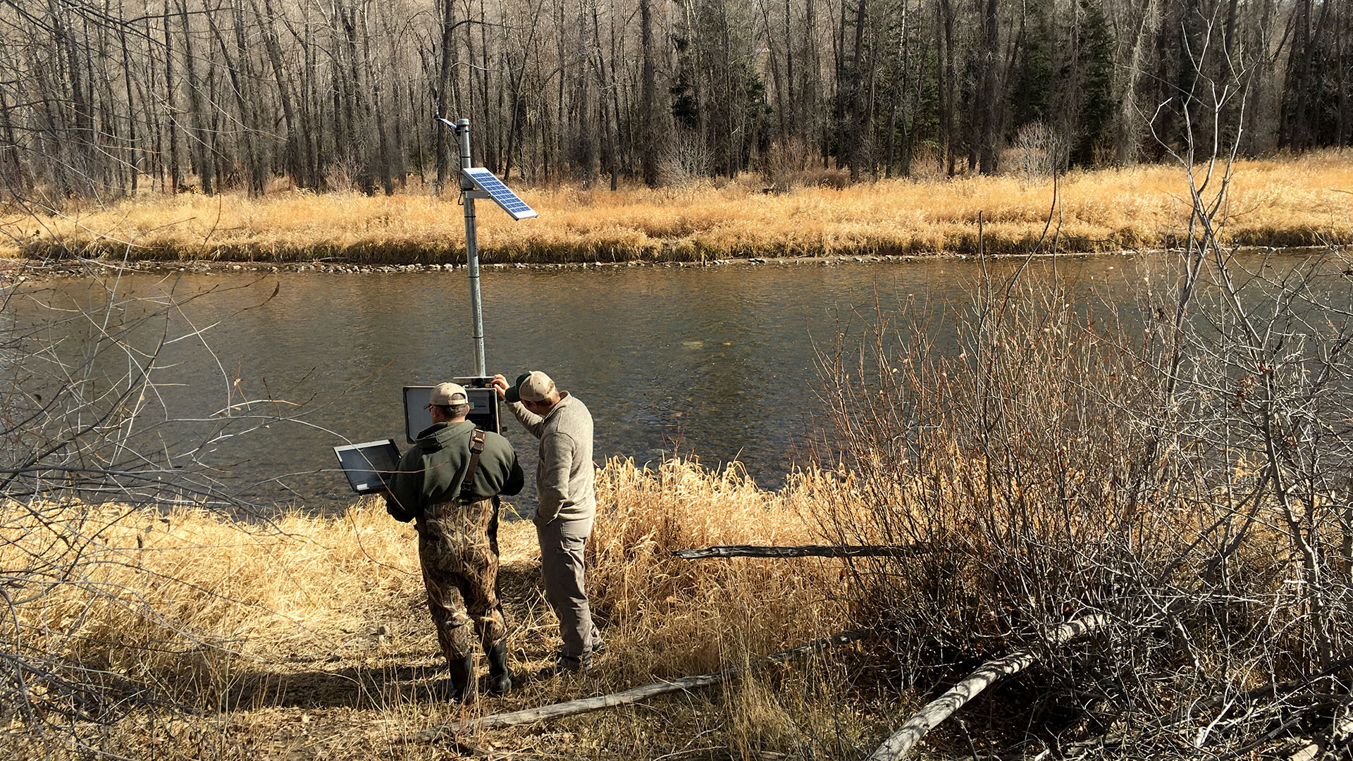 Two men standing in front of a box on a pole by a stream measuring water temperature.