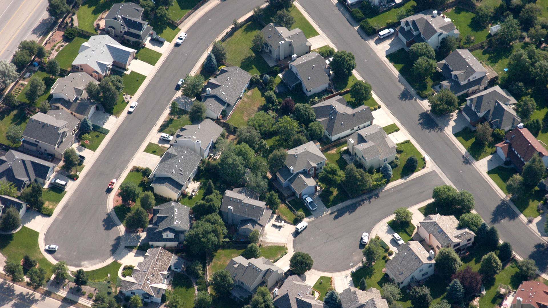 Aerial view of homes and yards. 
