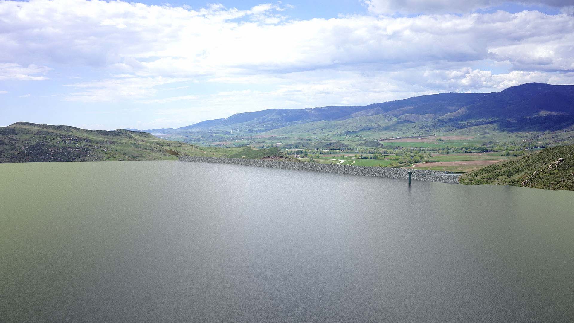 Rendering of Glade Reservoir looking south at the main dam.
