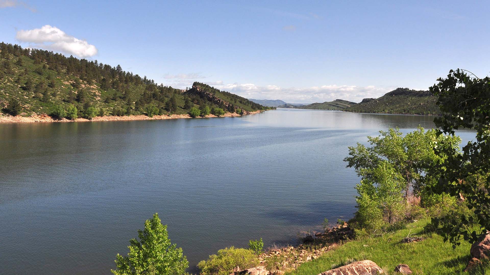 Horsetooth Reservoir facing north with foothills on each side. 