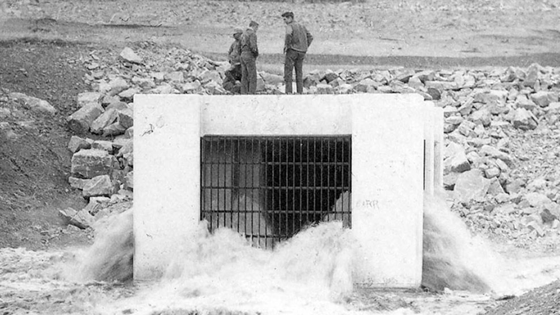 Water is pumped into Carter Lake for the first time on Feb. 26, 1954.
