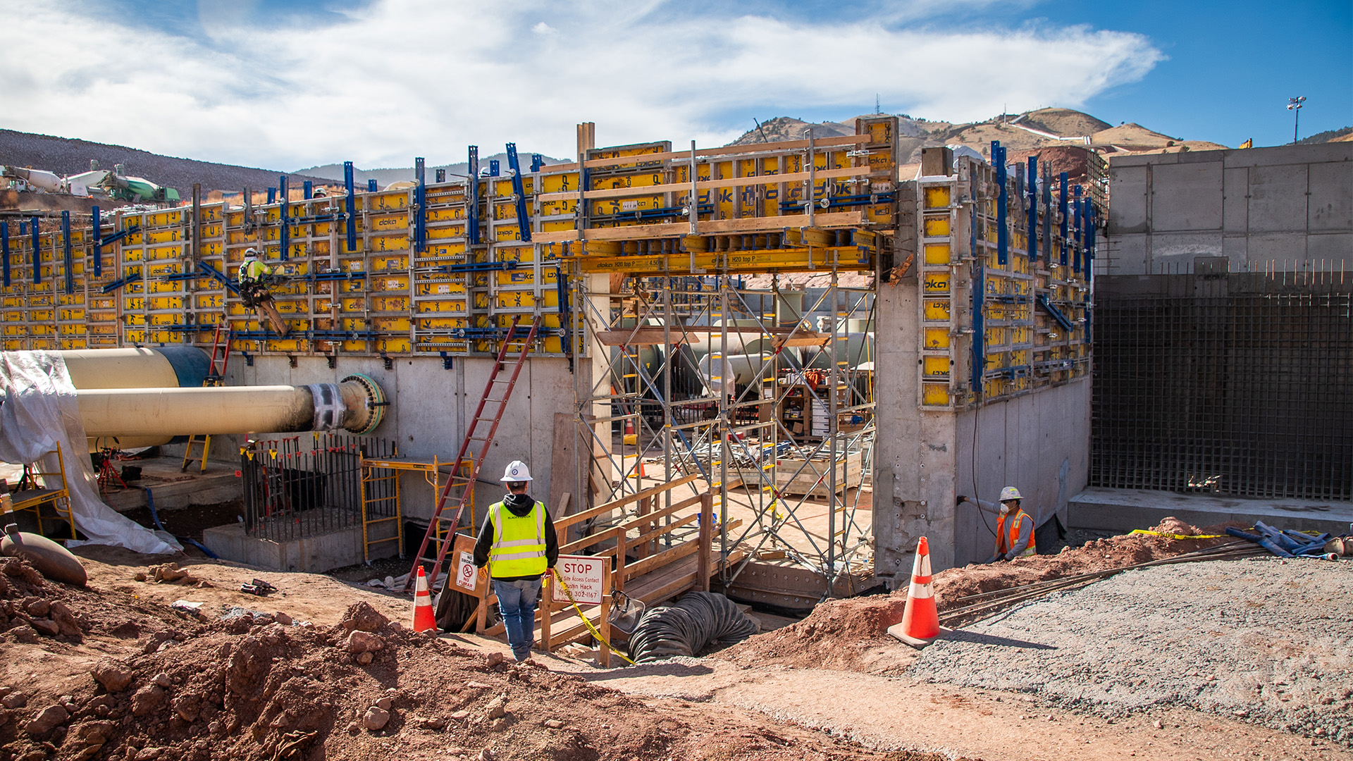 Concrete forms on the outside of a building being constructed.