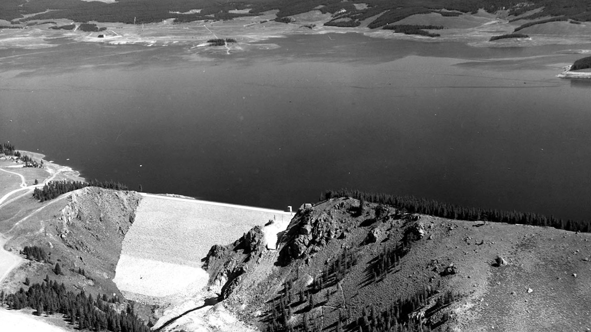 Historic Lake Granby showing dam in foreground.