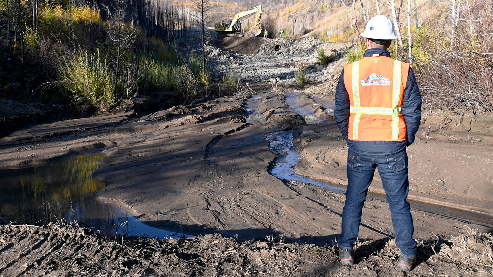 Man standing in a bright orange vest with Northern Water on the back looking at fire recovery projects. 