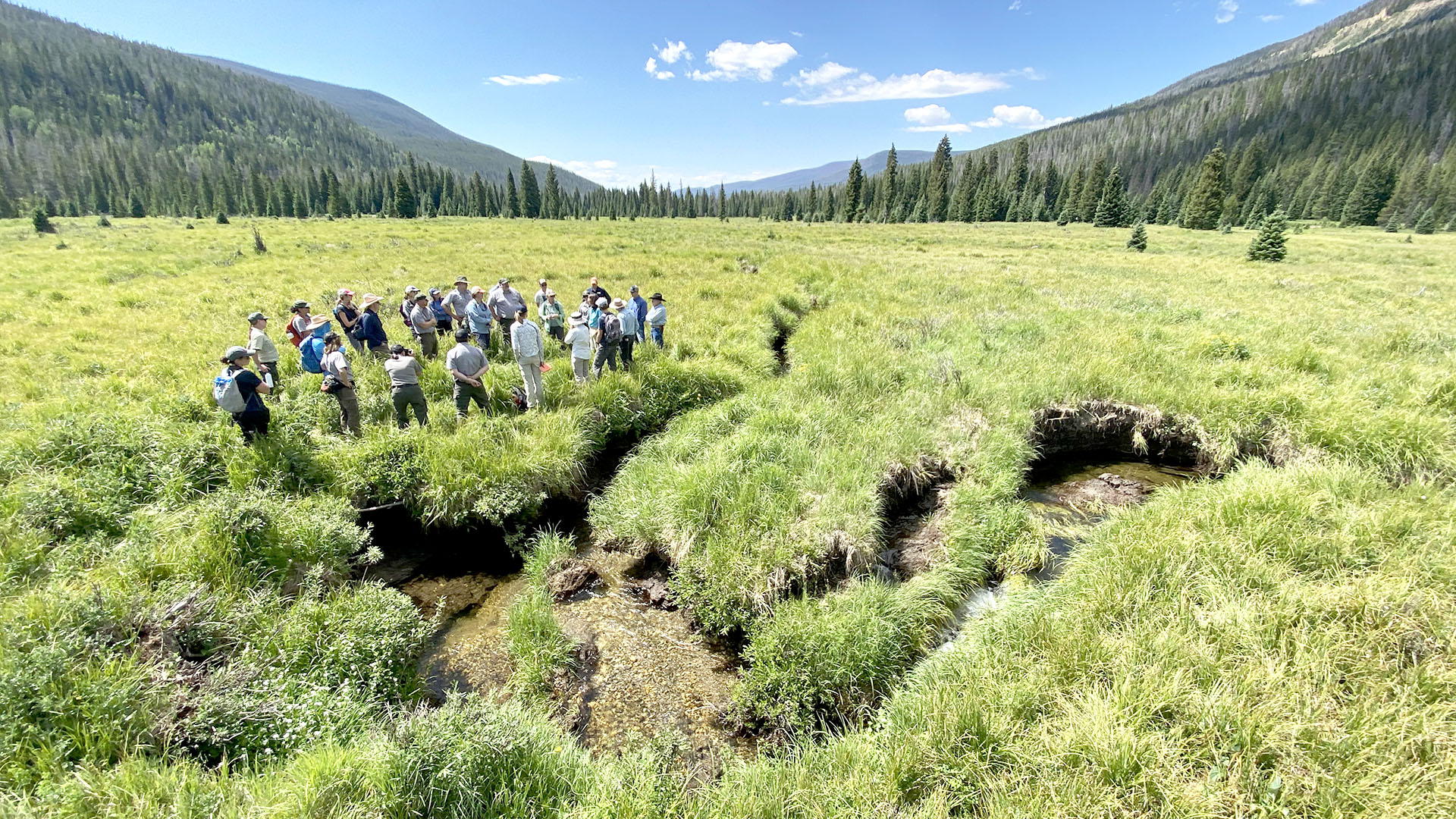 People standing in the Kawuneeche Valley in Rocky Mountain National Park surrounded by lush green foliage and mountains. 