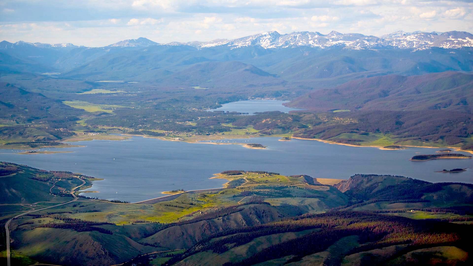 Aerial image of Lake Granby with Shadow Mountain Reservoir in the background.