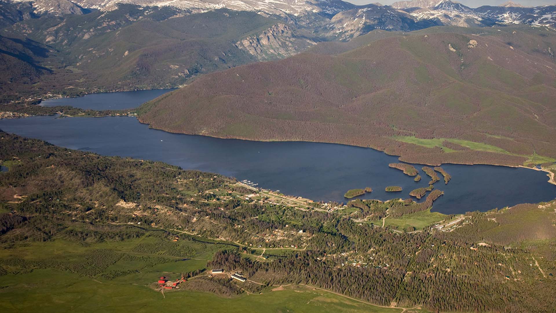 Aerial image of Shadow Mountain Reservoir.