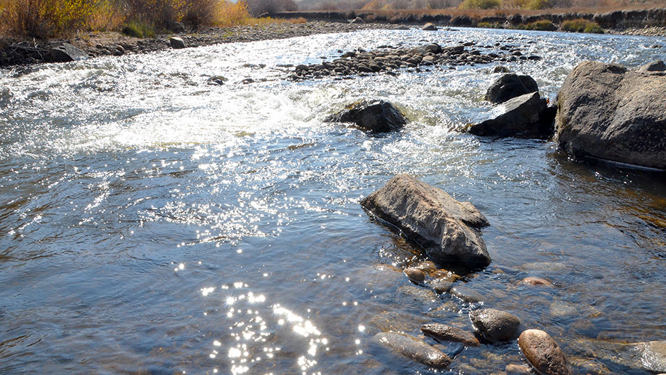 Sun glistening in the water rolling over rocks in the river. 